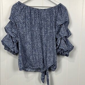 CeCe Women Blouse M Blue White Tier 3/4 Sleeves Stretch Waist w/Tie Off-Shoulder
